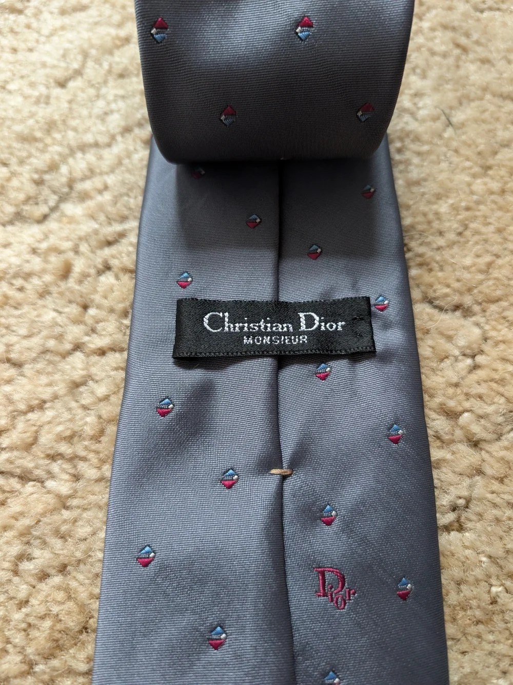 Vintage Christian Dior Monsieur Silk Tie Gray Geometric Diamond Red Blue 3.75